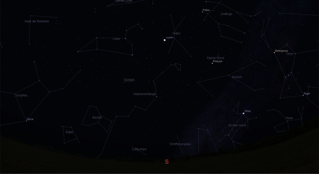Anblick des Sternenhimmels Mitte März, Richtung Süden.